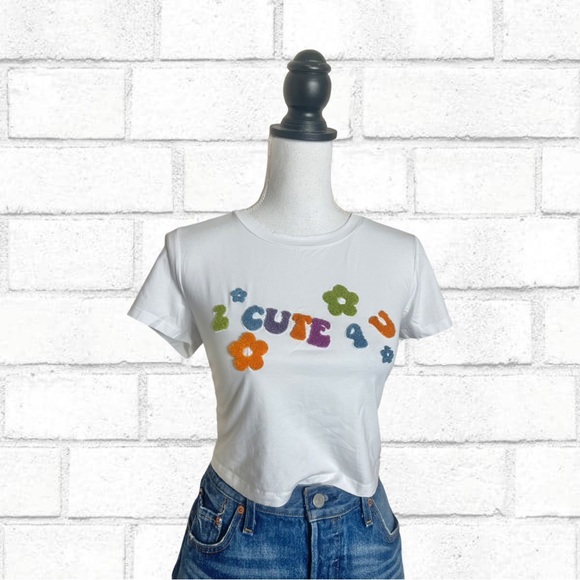 Princess Polly Retro ‘2 Cute 4 U’ Embroidered White Cropped T-Shirt Size US10 - Picture 2 of 3